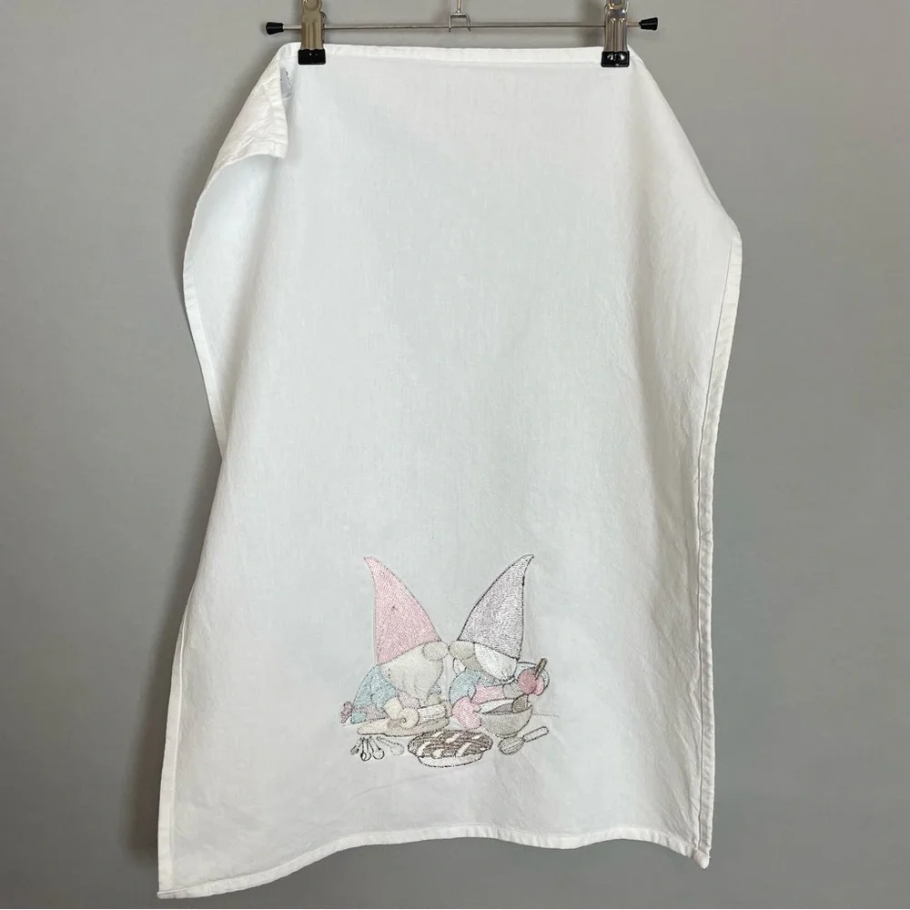 Gnome Tea Towel Kitchen Embroidery Couple Baking Flour Sack White 19.5x26.5 Hand
